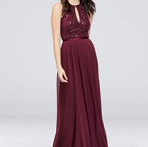 David's Bridal romantic sequin keyhole gown with sheer mesh skirt